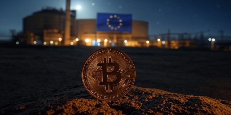 Una moneda de BTC junto a una bandera de la Unión Europea en una ciudad a oscuras.