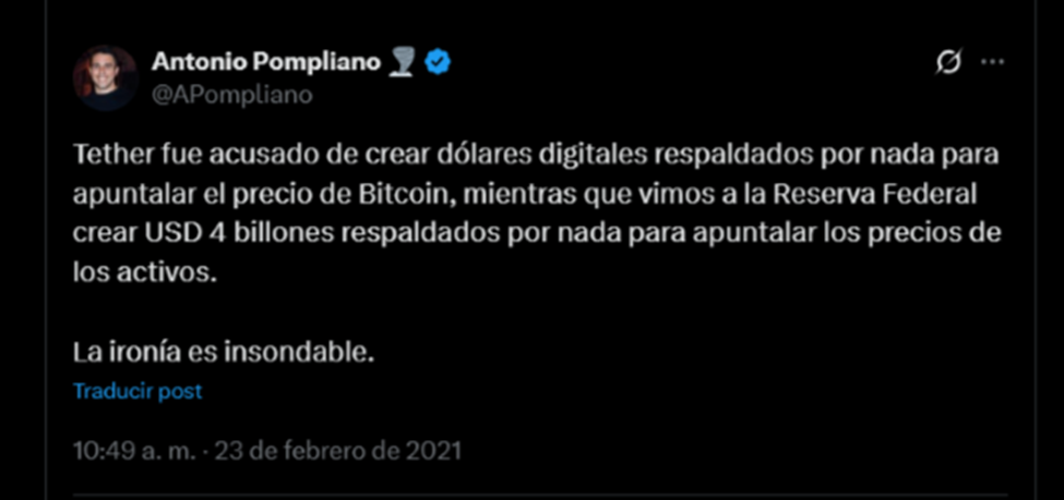 Tweet de Pompliano donde da su opinión sobre Theter.
