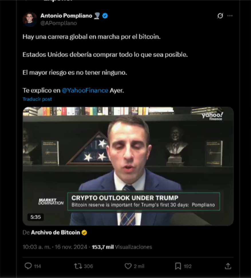 Tweet de Pompliano donde defiende a Bitcoin como activo estratégico.