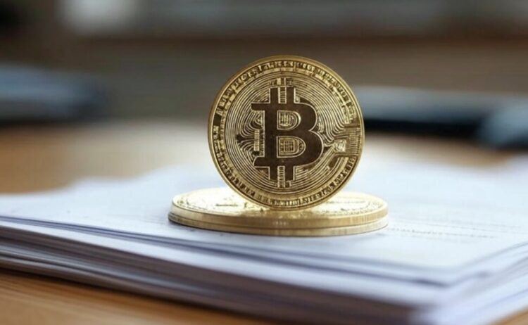 Imagen generada por la IA Grok de Bitcoin sobre una pila de papeles en un escritorio.