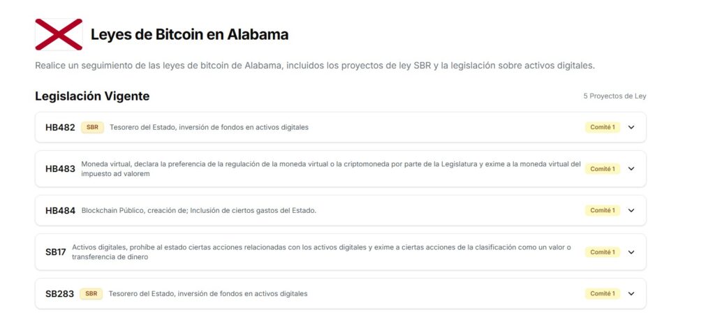 Captura de pantalla del sitio BitcoinLaws sobre las reservas en Alabama.