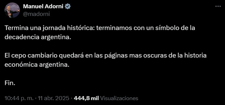 Adorni celebra la salida del cepo