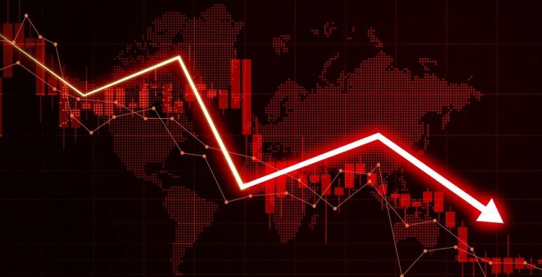 Una gran flecha de color rojo que simboliza la caída de precios del mercado.