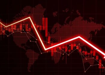 Una gran flecha de color rojo que simboliza la caída de precios del mercado.