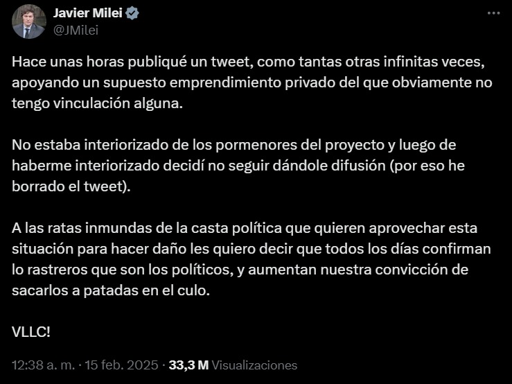 tuit de javier milei disculpándose sobre libra