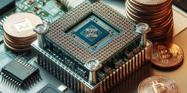 Imagen generada por IA de un mini ASIC con monedas de bitcoin