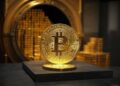 Una moneda de bitcoin junto a una bóveda de oro.