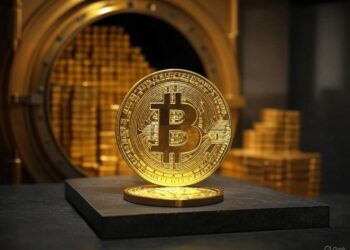 Una moneda de bitcoin junto a una bóveda de oro.