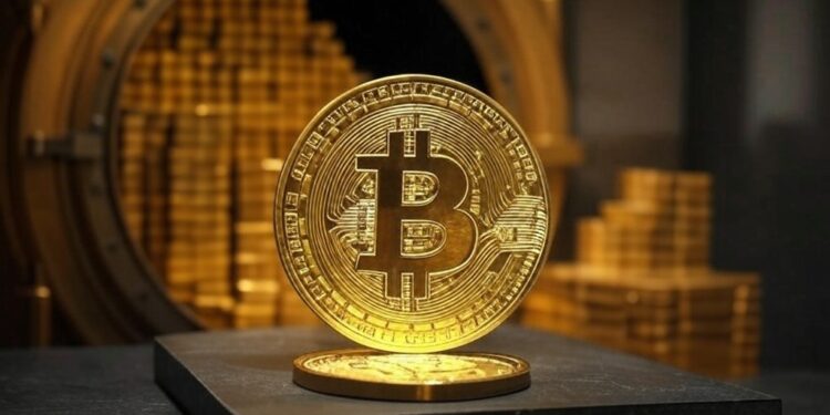 Una moneda de bitcoin junto a una bóveda de oro.