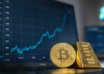 Moneda de bitcoin y lingote de oro con gráfico bursátil de fondo.