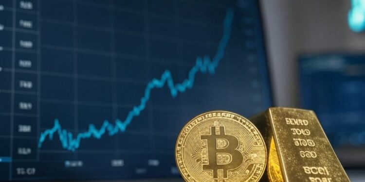 Moneda de bitcoin y lingote de oro con gráfico bursátil de fondo.