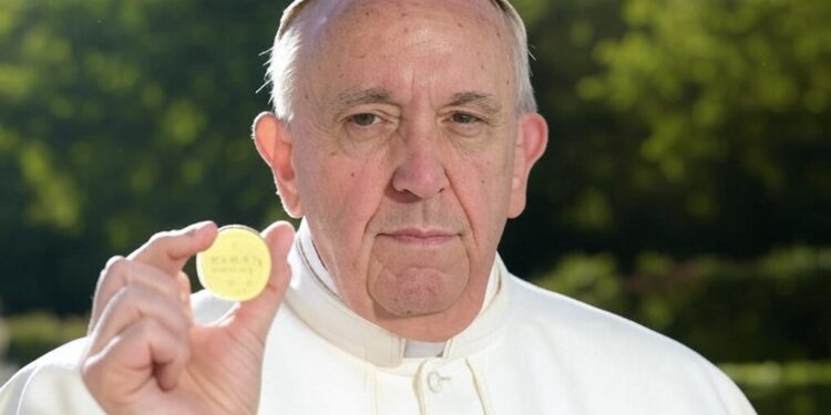 El Papa Francisco muestra una moneda.