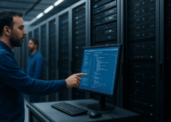 Hombre señalando una pc junto a máquinas de minado