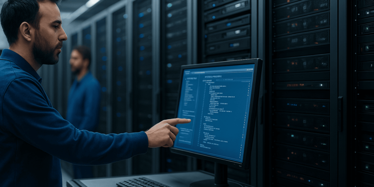 Hombre señalando una pc junto a máquinas de minado