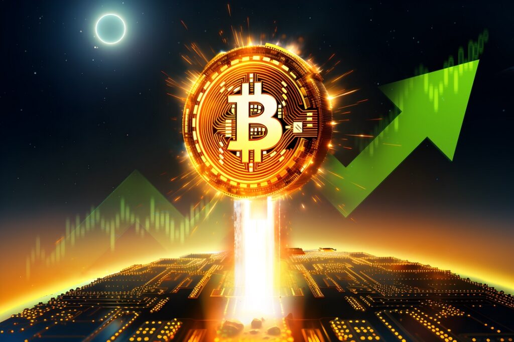 Imagen de bitcoin con una flecha verde y un rayo de fuego yendo hacia arriba como un cohete.