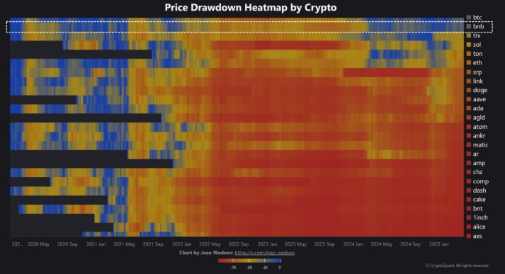 gráfico de la caída de precios de varias criptomonedas desde sus máximos históricos