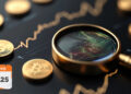 monedas de Bitcoin junto a lupa reflejando graficos de precio en el mercado, colocados sobre pantalla con graficos de precio y calendario indicando mayo del 2025 en la esquina