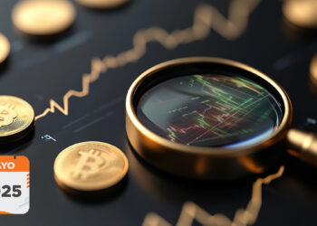 monedas de Bitcoin junto a lupa reflejando graficos de precio en el mercado, colocados sobre pantalla con graficos de precio y calendario indicando mayo del 2025 en la esquina