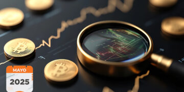 monedas de Bitcoin junto a lupa reflejando graficos de precio en el mercado, colocados sobre pantalla con graficos de precio y calendario indicando mayo del 2025 en la esquina