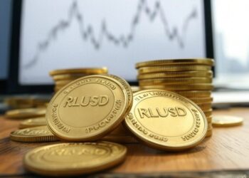 Monedas con el logo de Ripple USD (RLUSD) sobre una mesa.