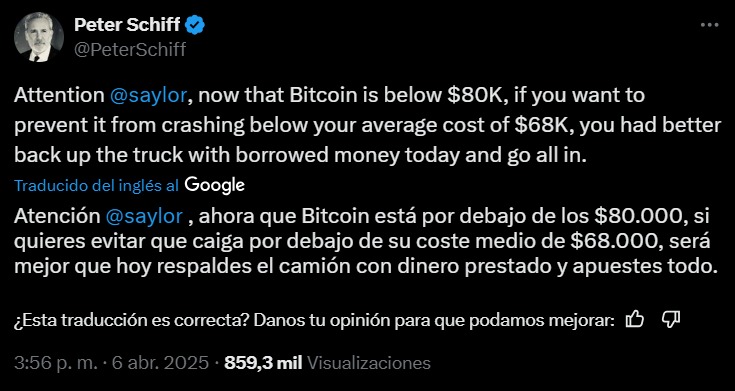 schiff cree que saylor tiene la suficiente influencia como para evitar que btc se derrumbe