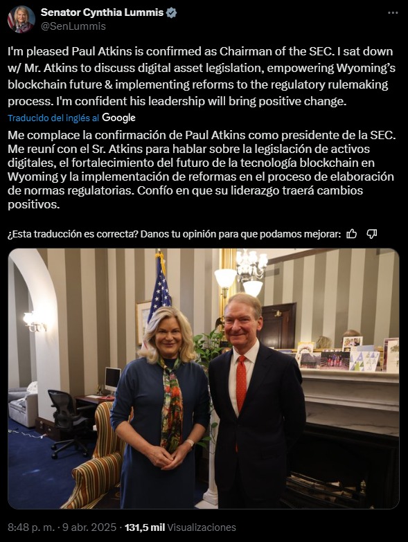 cynthia lummis afirma estar feliz por la llegada de paul atkins