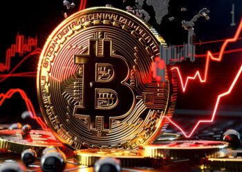 Moneda de bitcoin con gráfico de precio rojo en el fondo.