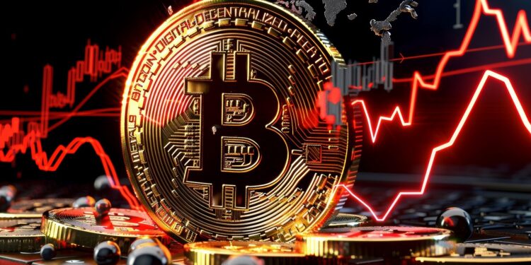 Moneda de bitcoin con gráfico de precio rojo en el fondo.