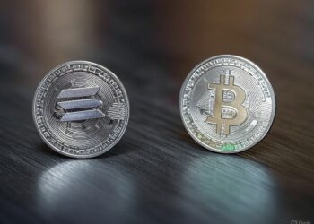 Una moneda con el logo de solana y otra con el de bitcoin apoyadas sobre una mesa.