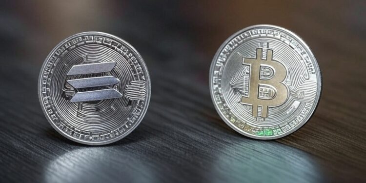 Una moneda con el logo de solana y otra con el de bitcoin apoyadas sobre una mesa.