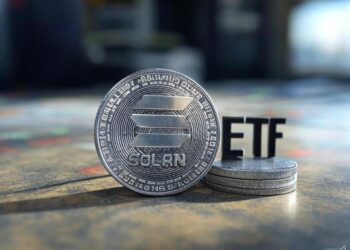 Una moneda con el logo de solana sobre una mesa, junto a ella, hay tres letras.