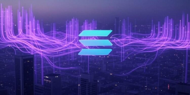 El logo de la red Solana desprende ondas violetas.