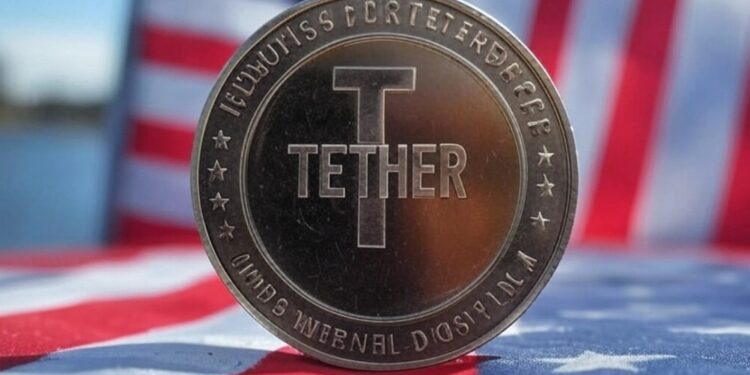 Imagen generada por la IA Grok de una moneda de Tether con la bandera de EE. UU.