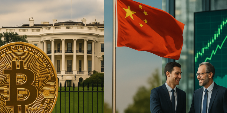 Composición con una moneda de bitcoin, Casa Blanca, bandera china, gráfico de precio y empresarios.