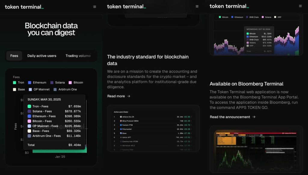 Imagen de la aplicación de token terminal, con sus productos y criptomonedas
