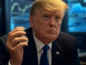 Trump con unas monedas en la mano.