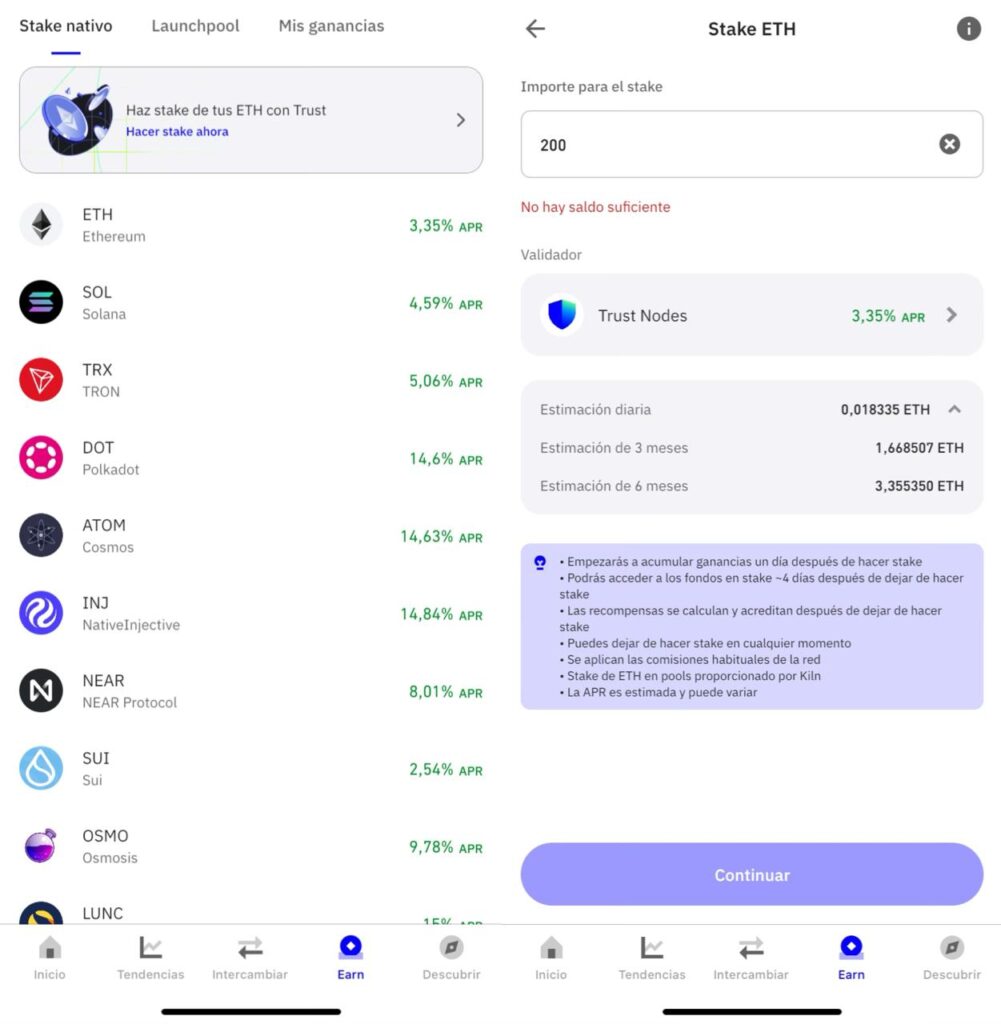 Captura página web plataforma staking Trust Wallet