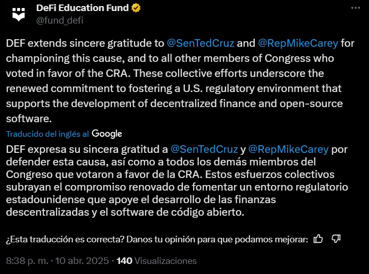 DeFi Educational Fund celebra la suspensión de una regla impositiva promovida por Biden