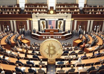 un Congreso con la expresión Nueva York y con una moneda de Bitcoin. Incluye personas en el Congre