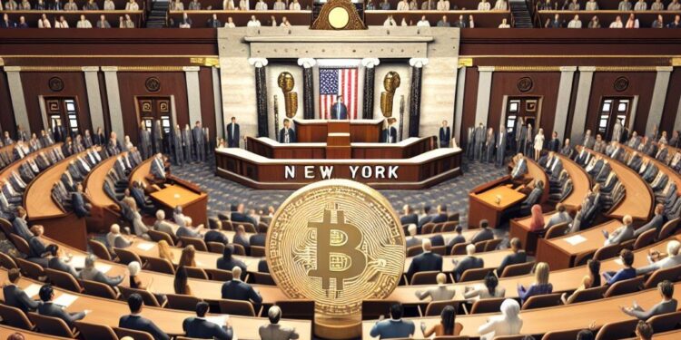 un Congreso con la expresión Nueva York y con una moneda de Bitcoin. Incluye personas en el Congre