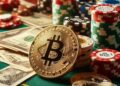 un bitcoin sobre una mesa de póker, estilo las vegas