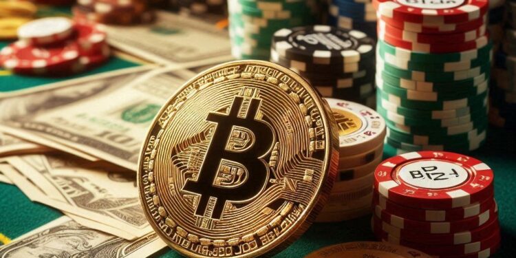 un bitcoin sobre una mesa de póker, estilo las vegas