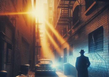 un detective privado en un callejon descubierto por el Sol, estilo neo-noir