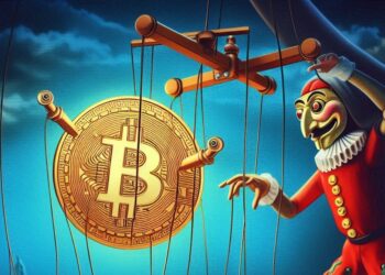 un titiritero controlando una marioneta de bitcoin desde una toma lejana, estilo Jan Švankmajer