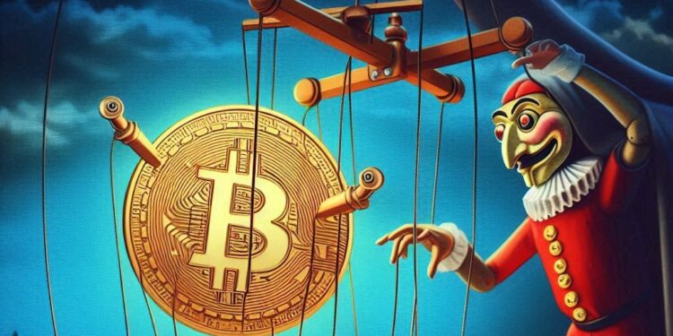 un titiritero controlando una marioneta de bitcoin desde una toma lejana, estilo Jan Švankmajer