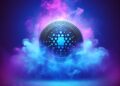 Un token de ADA (Cardano) envuelto en una nebulosa azul y violeta.