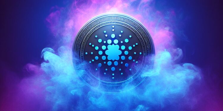 Un token de ADA (Cardano) envuelto en una nebulosa azul y violeta.
