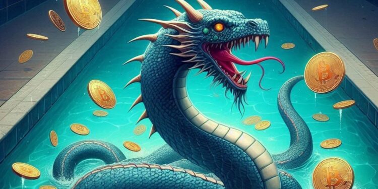 una hydra en una piscina con un bitcoin, estilo clásico