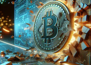 Una moneda de bitcoin estrellándose con un muro.