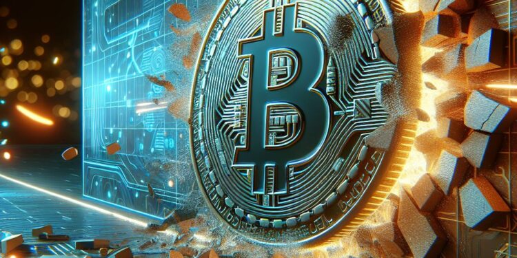 Una moneda de bitcoin estrellándose con un muro.